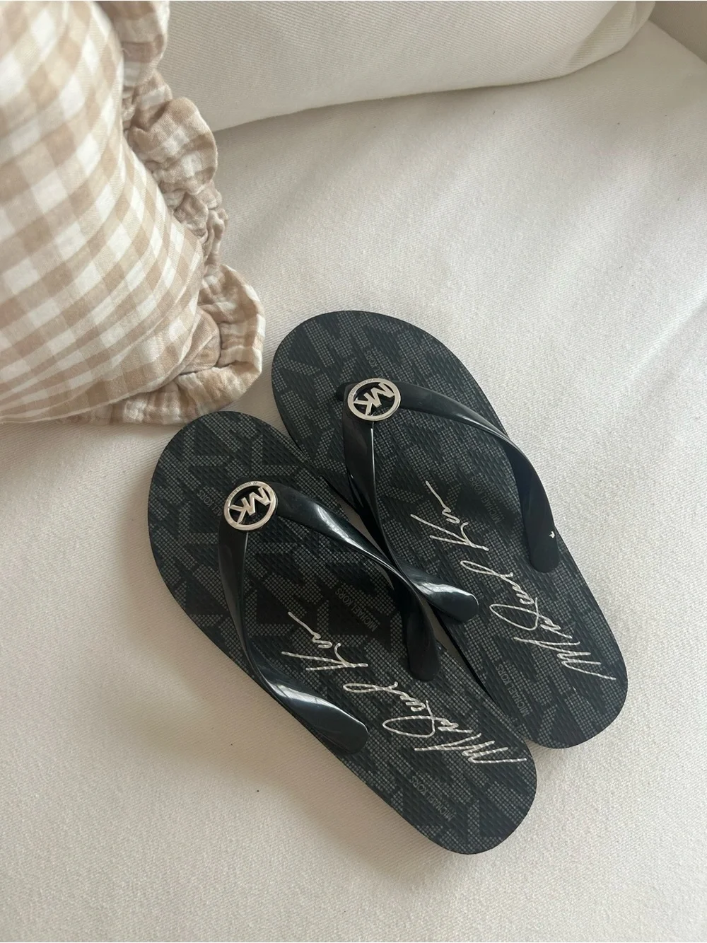 Michael Kors Black Logo MK Medallion Flip Flops